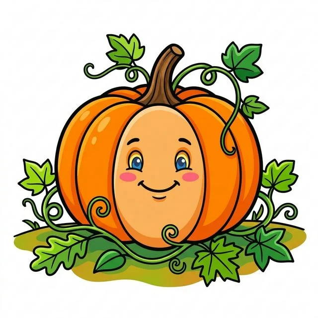Big round pumpkin in autumn patch coloring page for kids — free printable