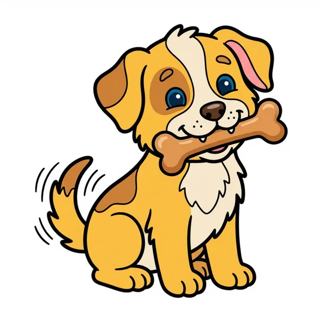 Happy puppy chewing bone coloring page for kids