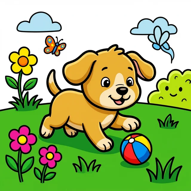 A cute puppy playing with a ball in the garden coloring page.