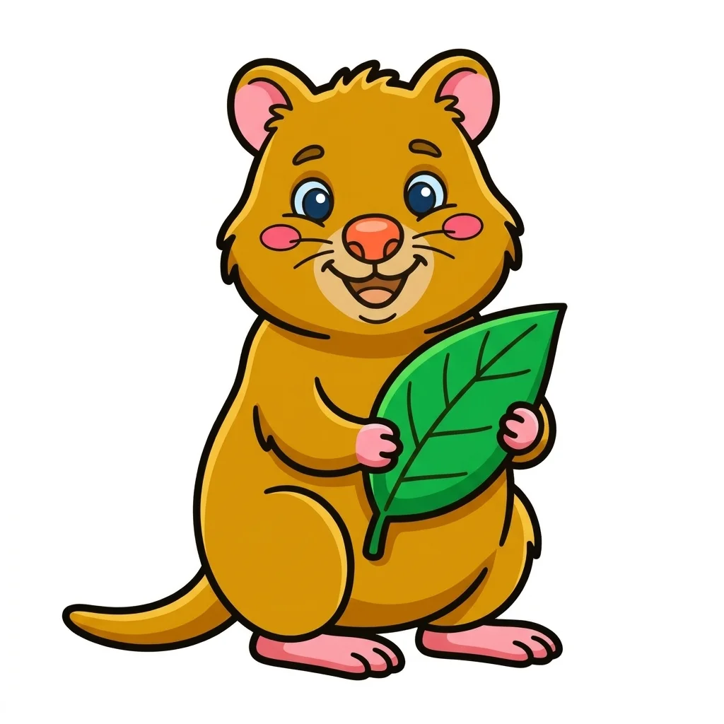 Quokka smiling happily with a leaf coloring page for kids - free printable