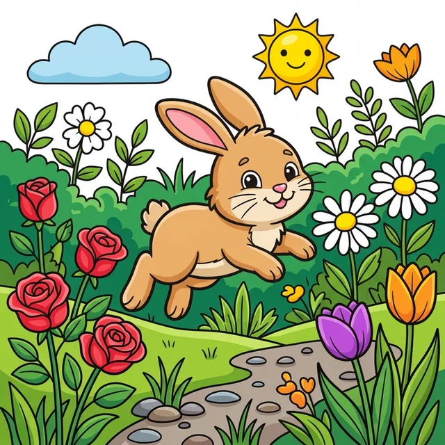 Cute bunny rabbit in flower garden coloring page