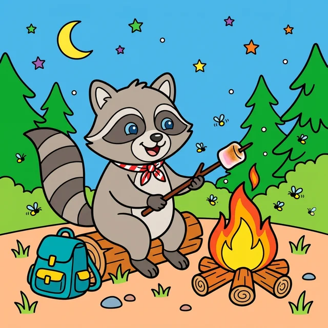 Raccoon roasting marshmallow by campfire at night coloring page
