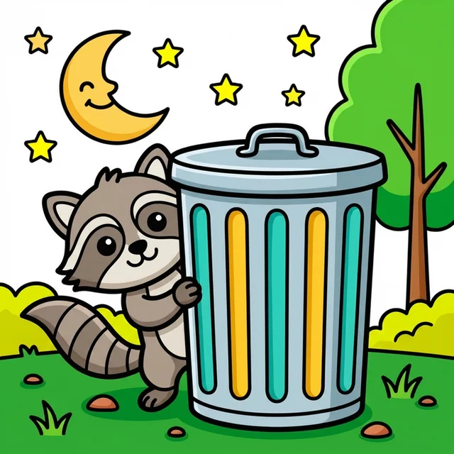 A raccoon peeking out at nighttime coloring page.