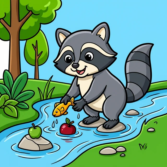 A cute raccoon washing food in a stream coloring page.