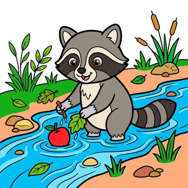Raccoon washing food in stream coloring page for kids