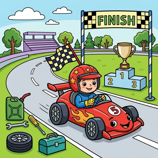 Kid race car driver in car with flames on track coloring page