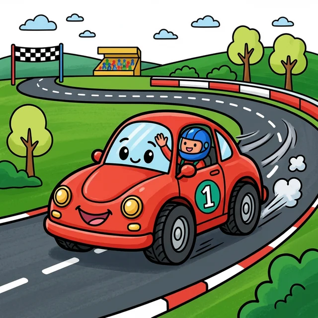 A race car speeding on a track coloring page.