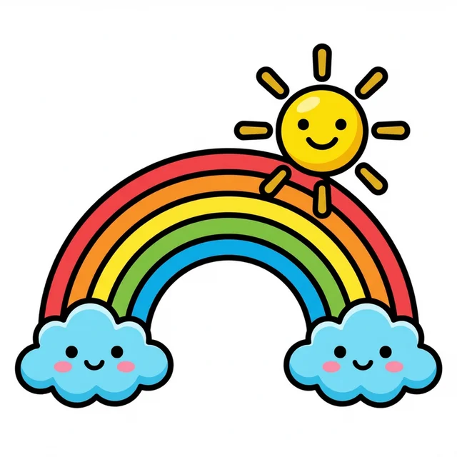 Beautiful rainbow with smiling clouds and sun coloring page for kids