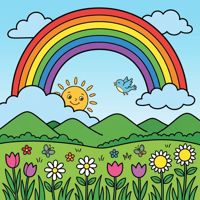 Rainbow over mountains coloring page