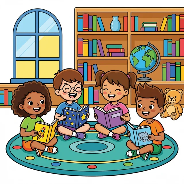 Kids reading together in circle at library coloring page