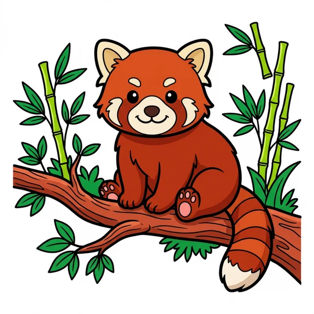 A cute red panda on a bamboo branch coloring page.