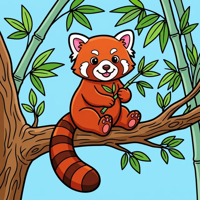 Cute red panda sitting on branch with bamboo coloring page for kids