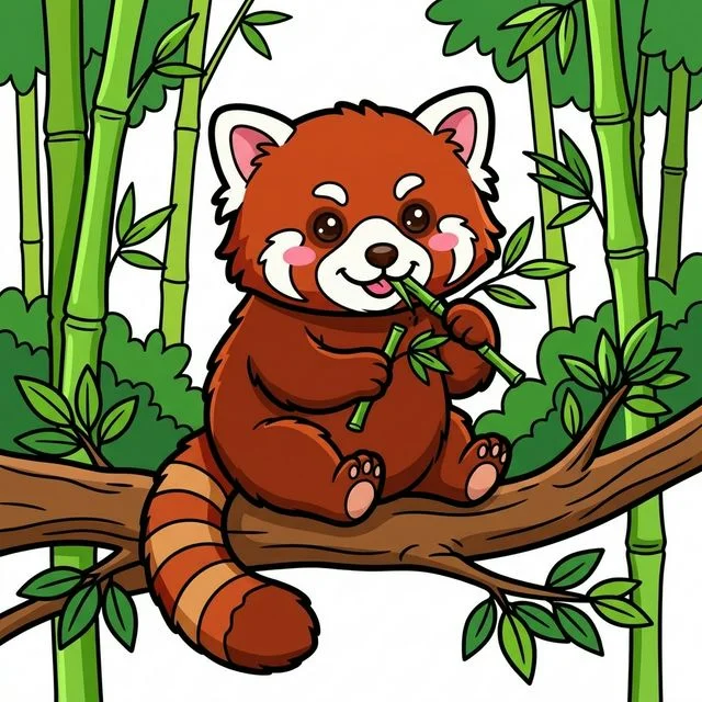 Red panda eating bamboo on tree branch coloring page for kids