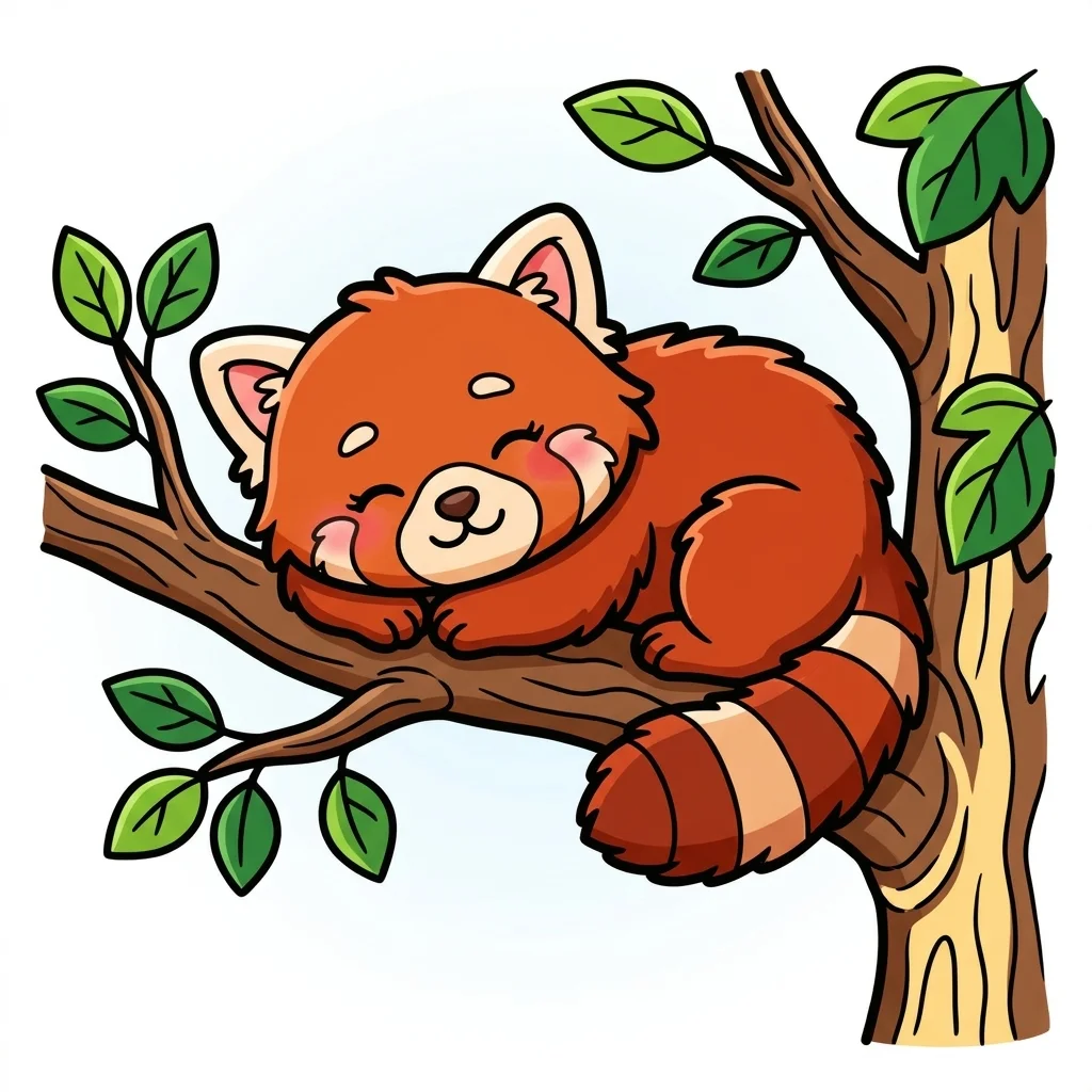 Red Panda sleeping on a tree branch coloring page for kids - free printable