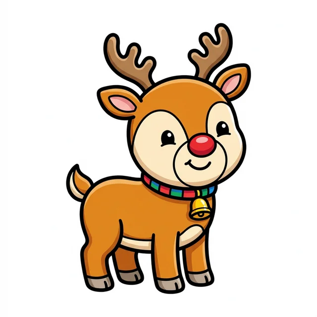 A cute reindeer with red nose and antlers coloring page.