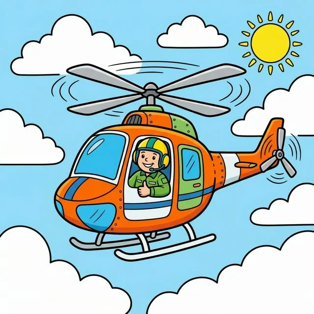 Cool rescue helicopter flying in sky with spinning rotor blades and pilot thumbs up coloring page for kids