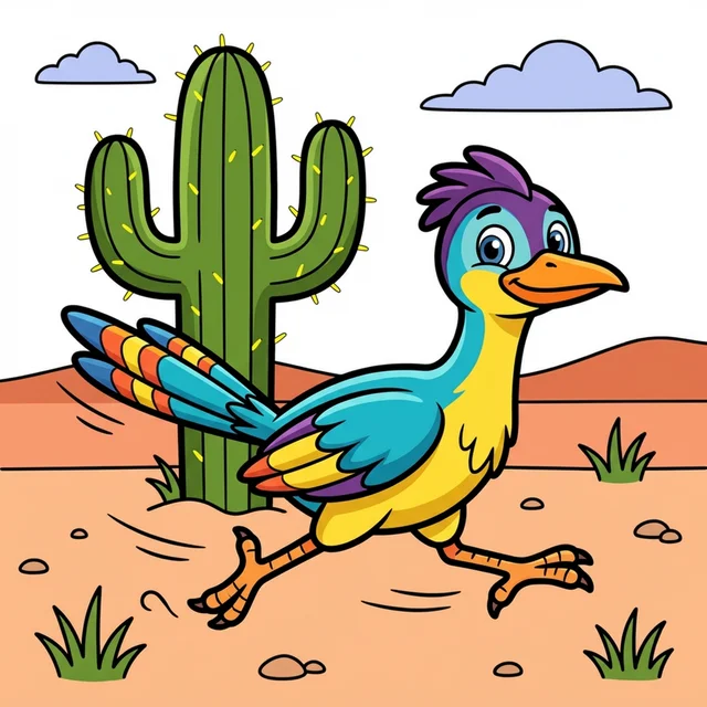 A cartoon roadrunner bird running in the desert coloring page.