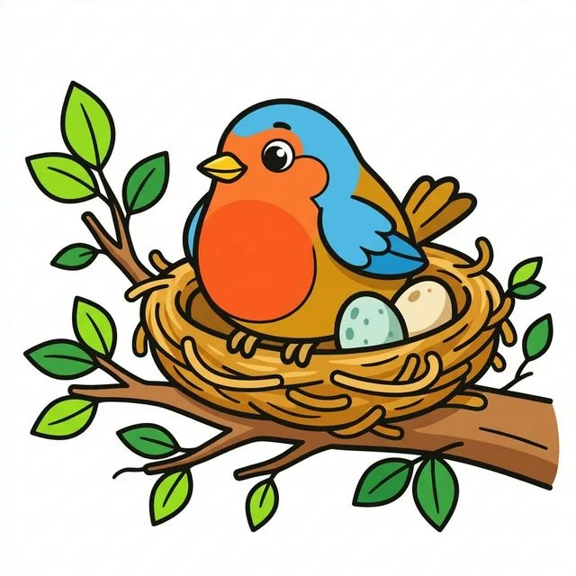 Robin bird with red breast sitting in nest on tree branch with eggs coloring page for kids — free printable