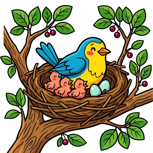 Mother robin in nest with baby birds coloring page for kids