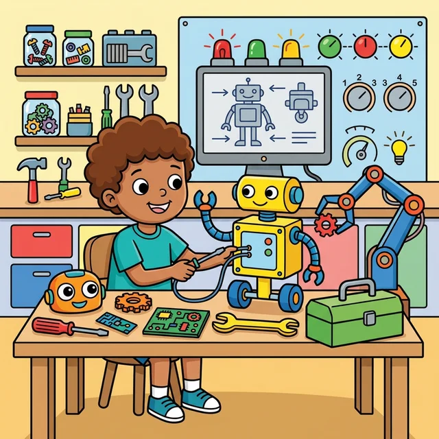 Kid building friendly robot in workshop with gears coloring page