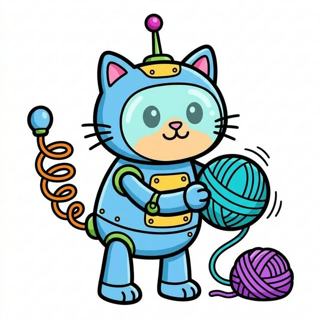 Cute cartoon robot cat with digital eyes and springy antenna tail playing with yarn ball coloring page for kids — free printable