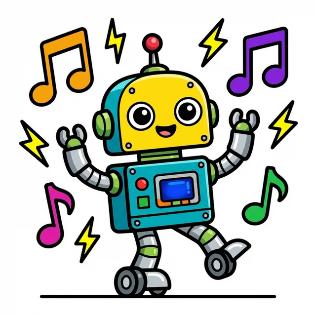 A cute robot dancing with musical notes coloring page.