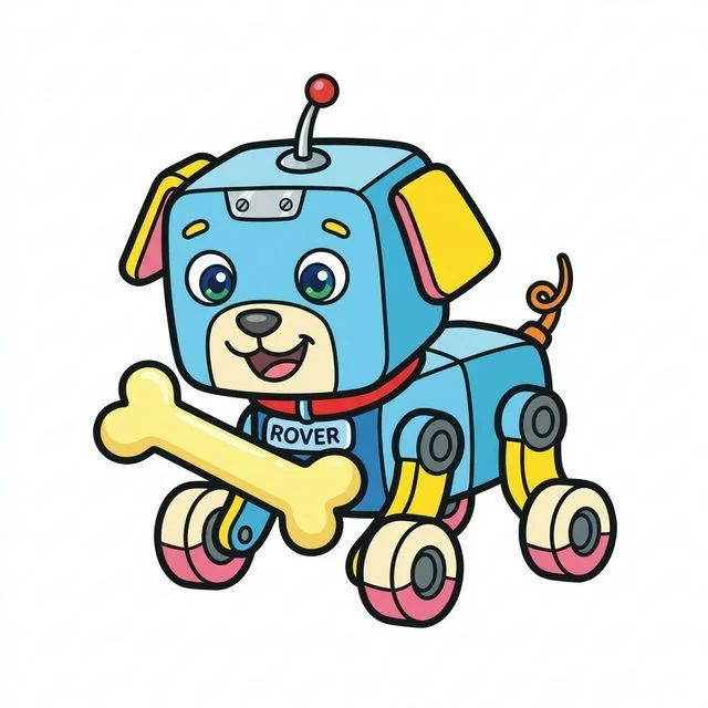 Cute cartoon robot dog with square head and wheels for paws playing with bone coloring page for kids — free printable
