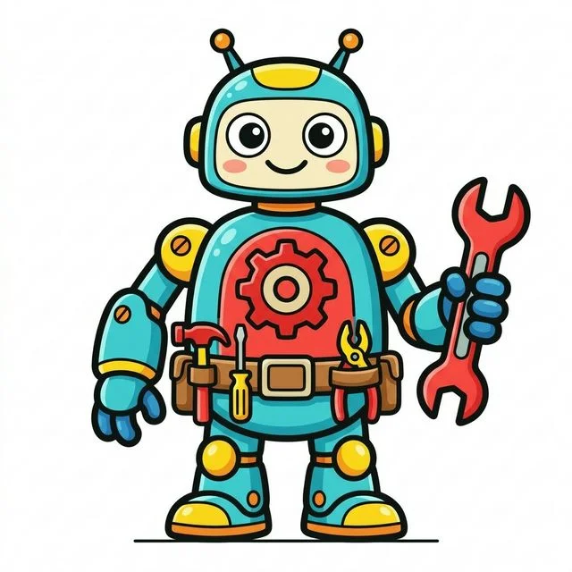 Cute cartoon robot mechanic wearing tool belt holding wrench with gear shape on chest coloring page for kids — free printable