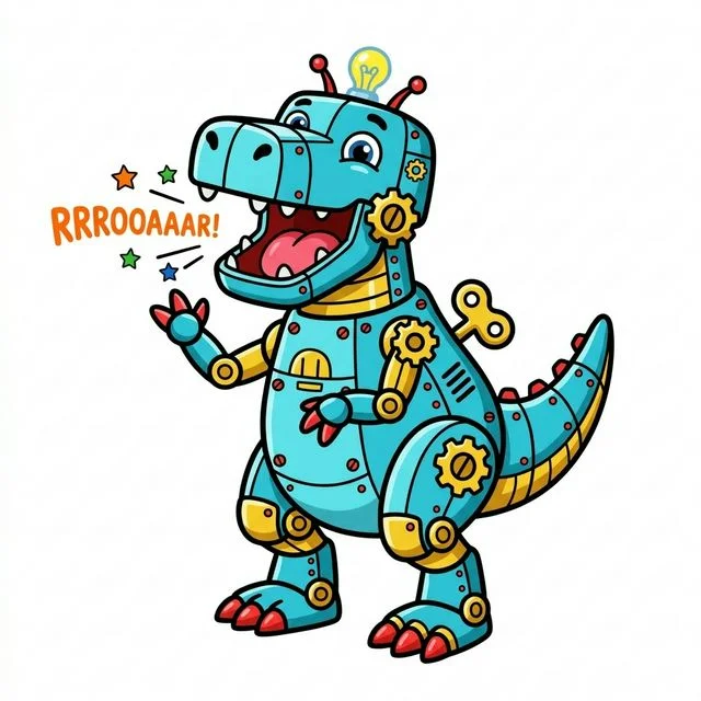 Cute cartoon robot t-rex dinosaur made of metal plates and gears roaring happily coloring page for kids — free printable