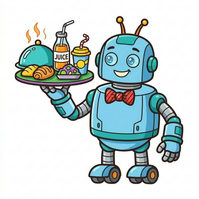 Cute cartoon robot waiter wearing bowtie balancing tray of futuristic food coloring page for kids — free printable