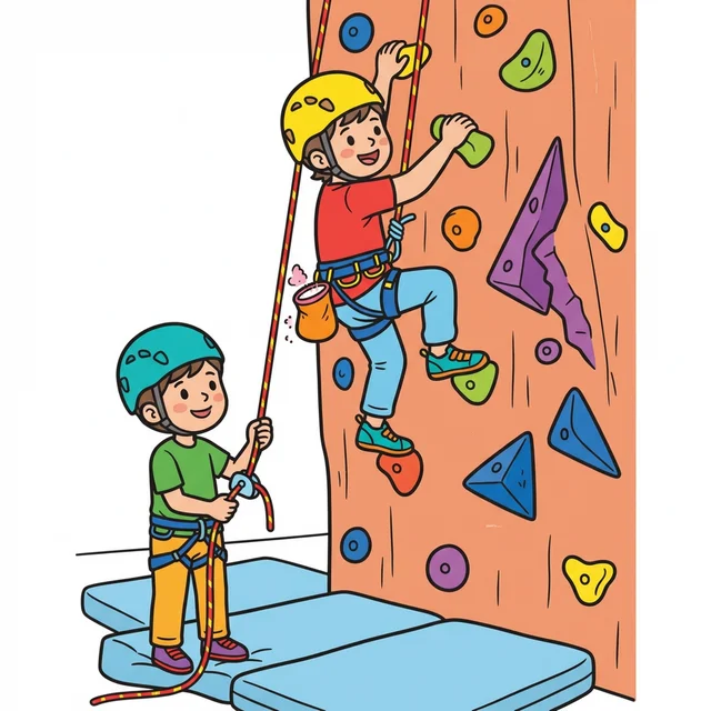 Kid rock climbing on indoor climbing wall with harness coloring page