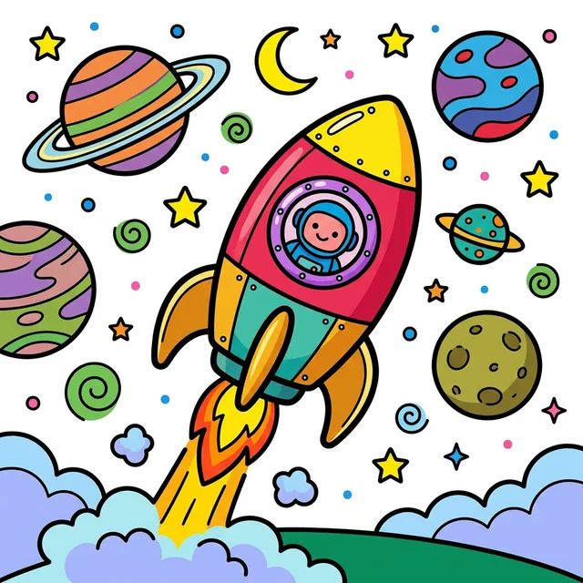 A rocket ship launching into space with planets and stars coloring page.