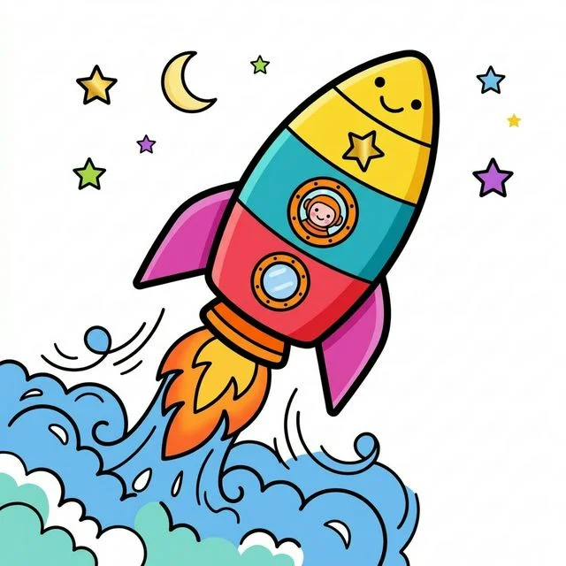 Rocket ship blasting off into space with fire and smoke coloring page for kids — free printable