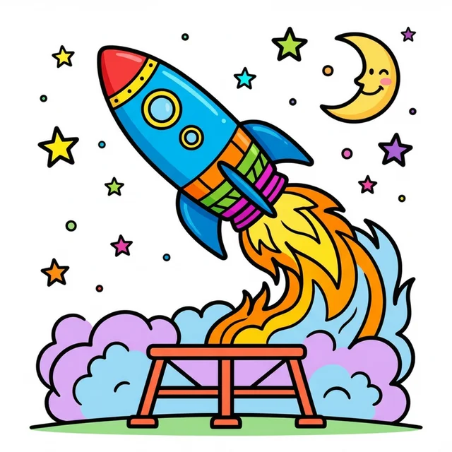 Rocket ship launching from pad coloring page