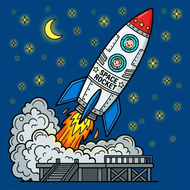 Cool giant tall rocket ship blasting off from the launchpad into space with huge puffy clouds of smoke and bright flames coloring page for kids