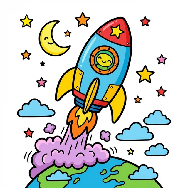 Rocket ship launching coloring page for kids
