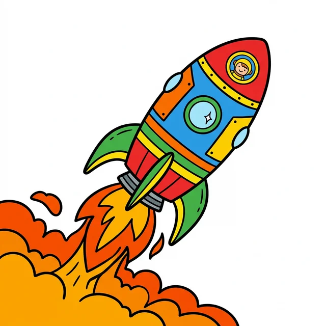 A black and white coloring page of a cartoon rocket ship blasting off with flames.