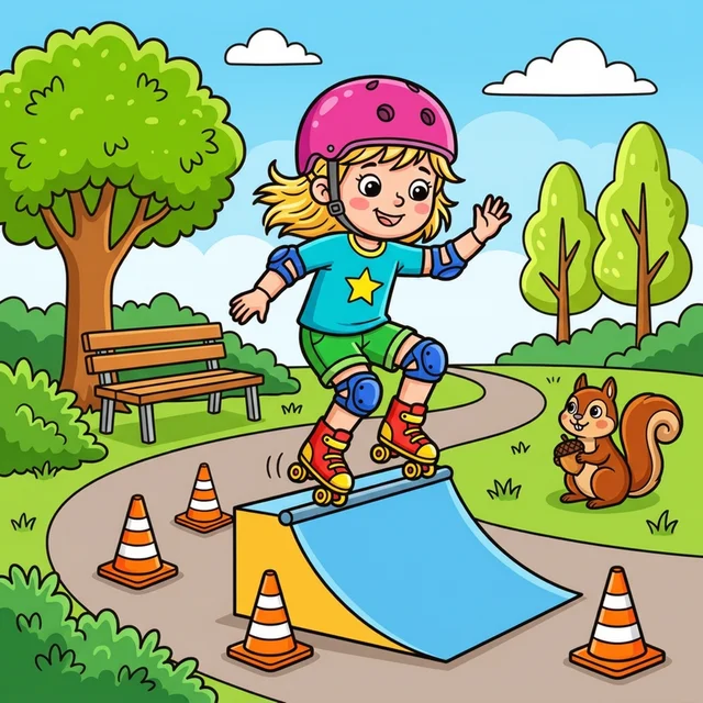 Kid roller skating in park with helmet and knee pads coloring page