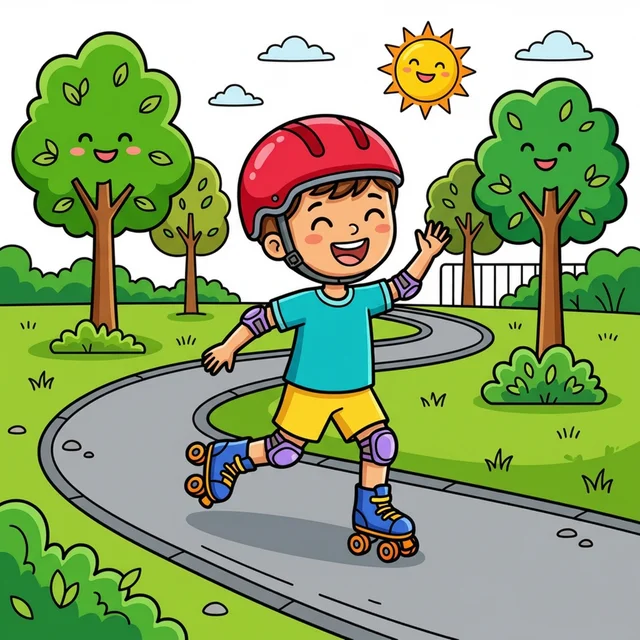 Kid roller skating in park with safety gear coloring page