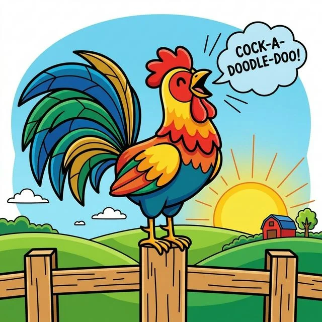 Rooster crowing at sunrise on fence post coloring page for kids — free printable
