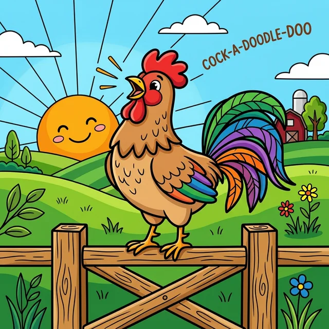 Rooster crowing at sunrise on fence coloring page for kids