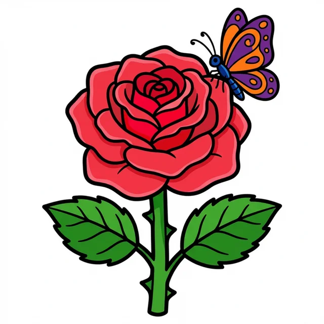 Beautiful rose flower with butterfly coloring page for kids