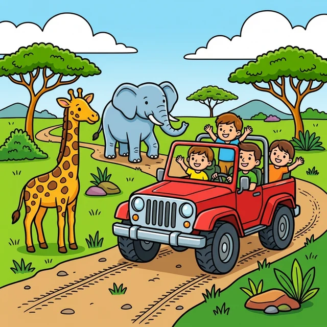 Safari jeep driving through African savanna coloring page