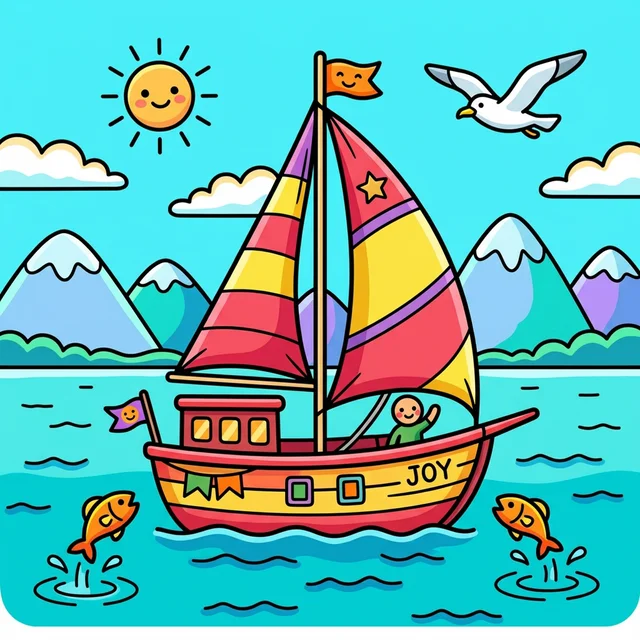 Sailboat on lake with mountains coloring page