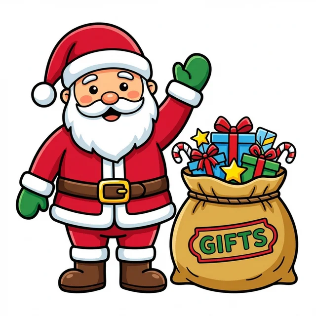 Cute Santa Claus waving with gifts coloring page.