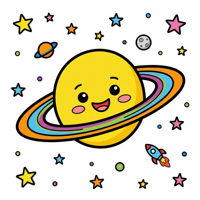 Planet Saturn with rings coloring page for kids