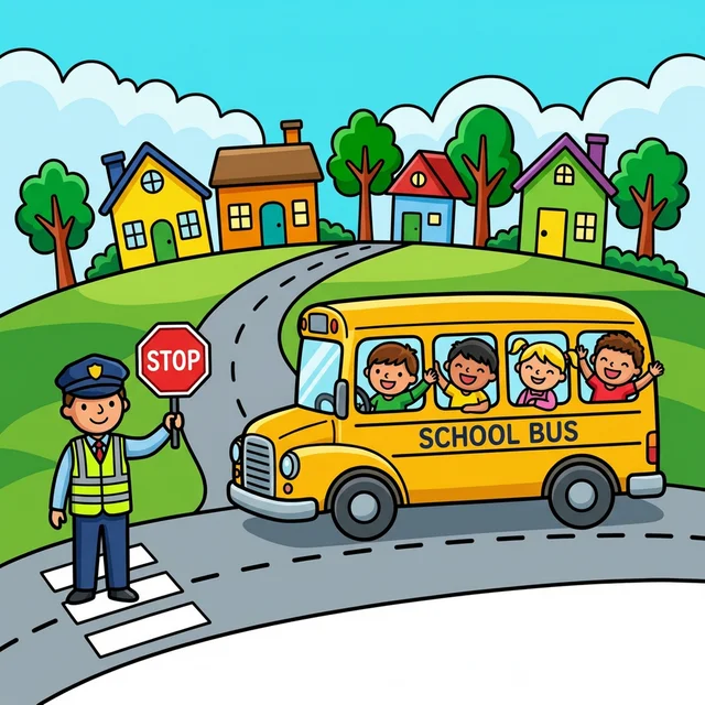 School bus with kids waving from windows coloring page