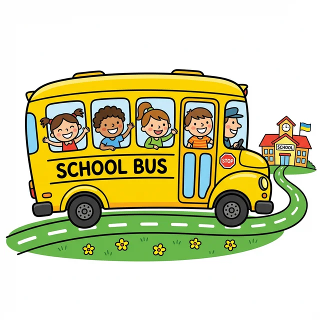 A happy cartoon school bus with kids in windows coloring page.