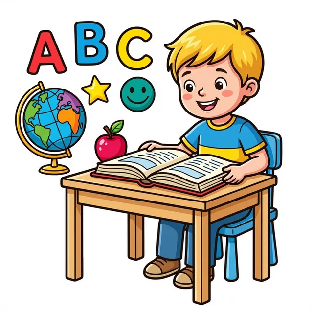 School kid reading book at desk coloring page