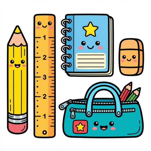 A collection of school supplies coloring page.